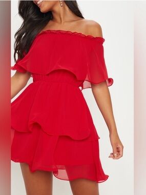 PrettyLittleThing Red Off-Shoulder Tiered Mini Dress